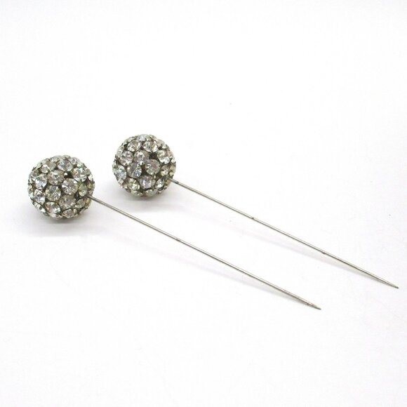 Vintage Rhinestone Cluster Ball Hat Pins Corsage Pins Silver-Tone Metal Set Of 2 - Picture 6 of 10